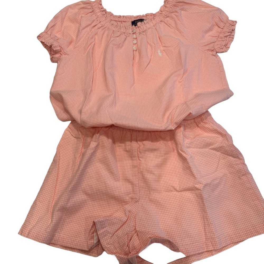 Polo Ralph Lauren Girls' Peachy /pink & White Gingham Cotton Romper Sz 10 NWOT